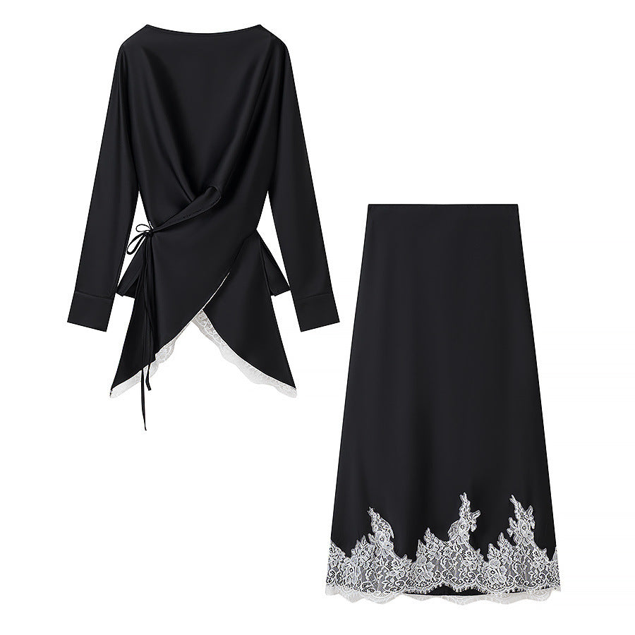 Damen Zweiteiliges Satin-Set mit Wickelbluse und Midirock mit Spitzenbesatz Nord Taschen