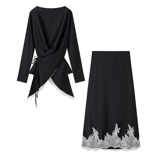 Damen Zweiteiliges Satin-Set mit Wickelbluse und Midirock mit Spitzenbesatz Nord Taschen
