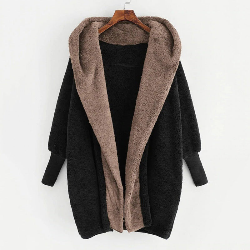 Damen Oversized Kunstfell-Kapuzenmantel mit kontrastierender Teddy-Innenseite und Rippbündchen Nord Taschen