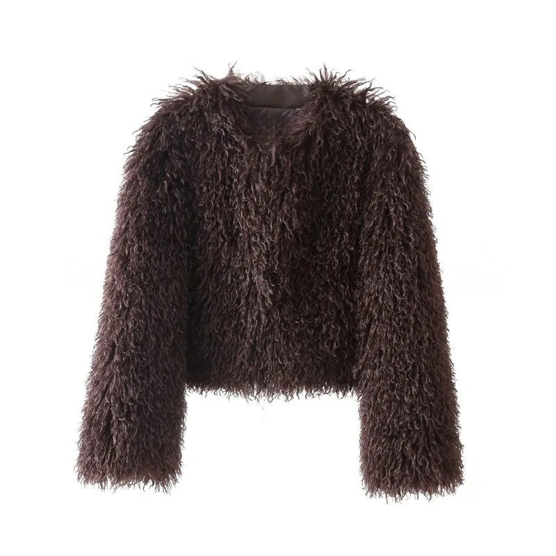 Damen kurze Bouclé‑Faux‑Fur‑Jacke mit voluminösem Langflor und kastiger Silhouette Nord Taschen