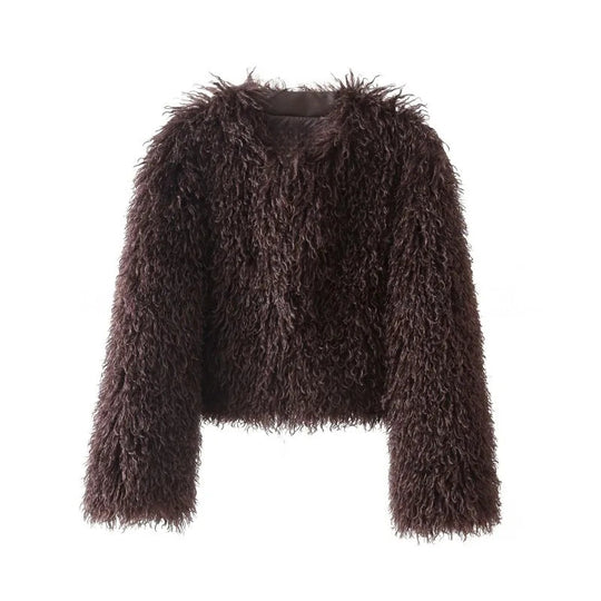 Damen kurze Bouclé‑Faux‑Fur‑Jacke mit voluminösem Langflor und kastiger Silhouette Nord Taschen