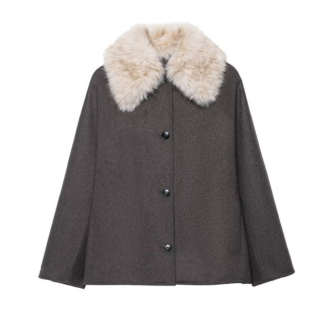 Damen Woll-Cape mit abnehmbarem Kunstfellkragen und verdeckter Knopfleiste Nord Taschen