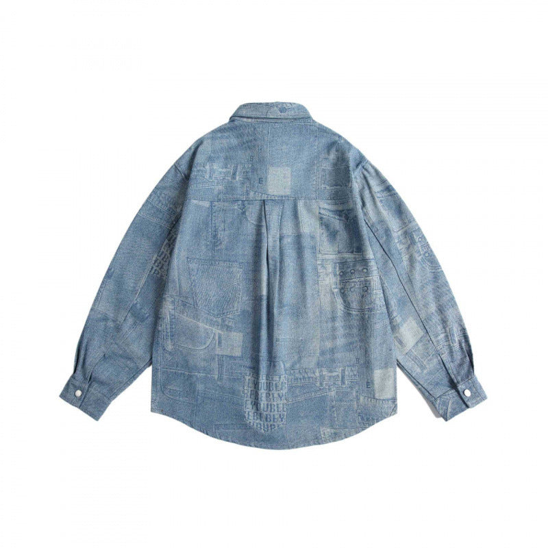 Unisex Oversize-Jeanshemd mit Allover-Patchprint und Brusttasche Nord Taschen