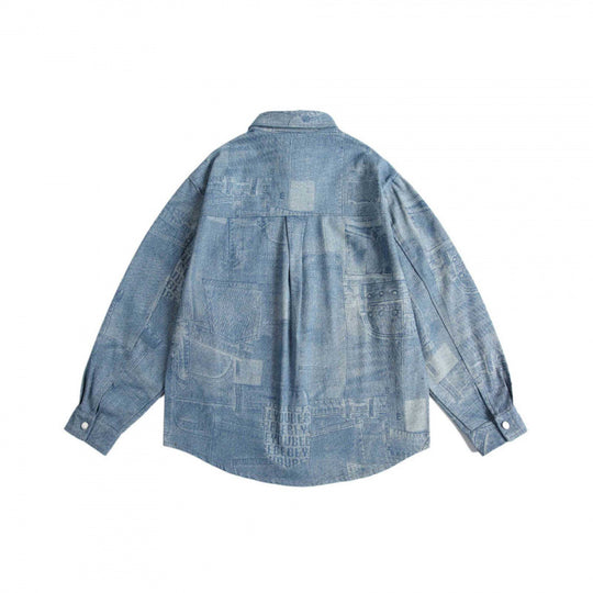 Unisex Oversize-Jeanshemd mit Allover-Patchprint und Brusttasche Nord Taschen