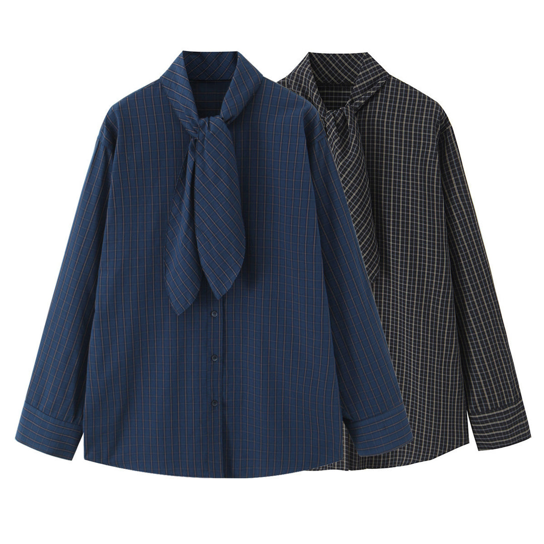Damen Kariertes Blusenshirt mit Schluppe und weiter Passform Nord Taschen