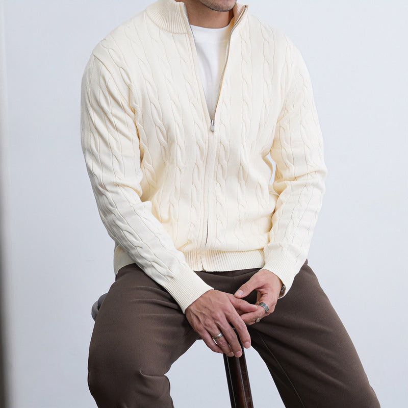 Herren Feiner Zopfmuster-Halbzip-Cardigan mit Rippkragen und silbernem Reißverschluss Nord Taschen
