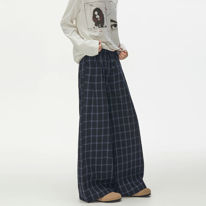 Damen Karierte Extraweite High-Waist Palazzo-Hose mit Knopfleiste Nord Taschen