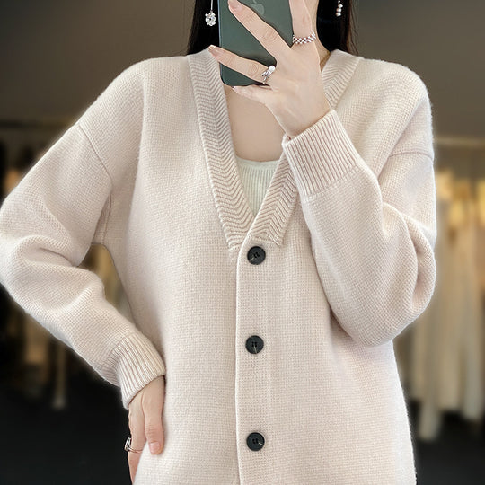 Damen Weicher Boxy-Longcardigan mit tiefem V-Ausschnitt und feiner Rippkante Nord Taschen