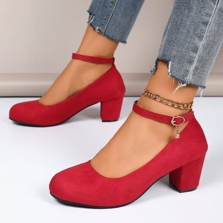 Damen Elegante Pumps mit breitem Blockabsatz und verstellbarem Knöchelriemen