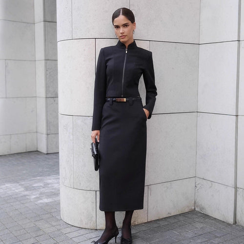 Damen Elegantes Etuikleid mit schmalem Stehkragen und Reißverschluss Nord Taschen