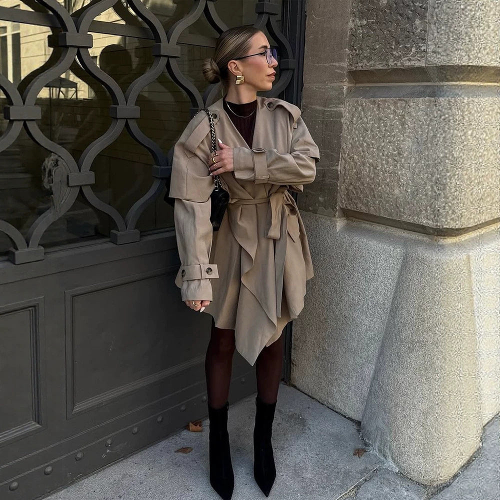 Damen Kurzer Asymmetrischer Wickelmantel mit Volant-Overlay und Bindegürtel Nord Taschen