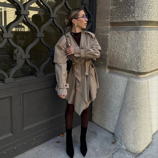 Damen Kurzer Asymmetrischer Wickelmantel mit Volant-Overlay und Bindegürtel Nord Taschen
