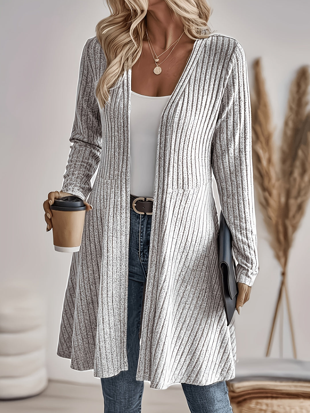 Damen Langer Gerippter Cardigan mit offenem Front-Design und leichtem Fall Nord Taschen