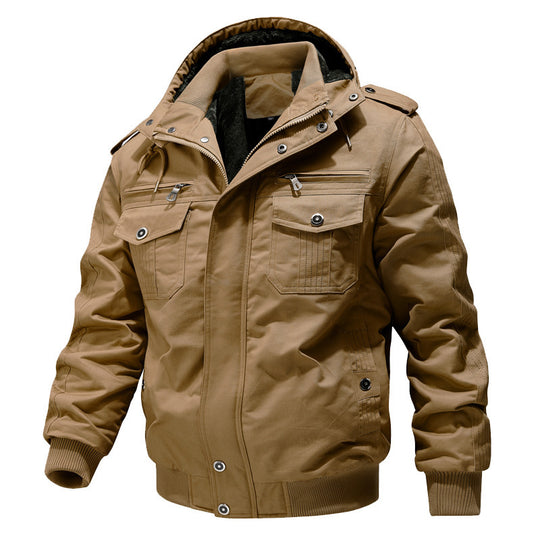Herren Wasserabweisender Canvas-Bomber mit wärmender Sherpa-Innenlage, Kapuze und Utility-Taschen Nord Taschen