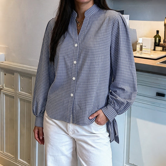 Damen Locker geschnittene Vichy-Karo-Bluse mit Stehkragen, Knopfleiste und Bindemanschetten Nord Taschen