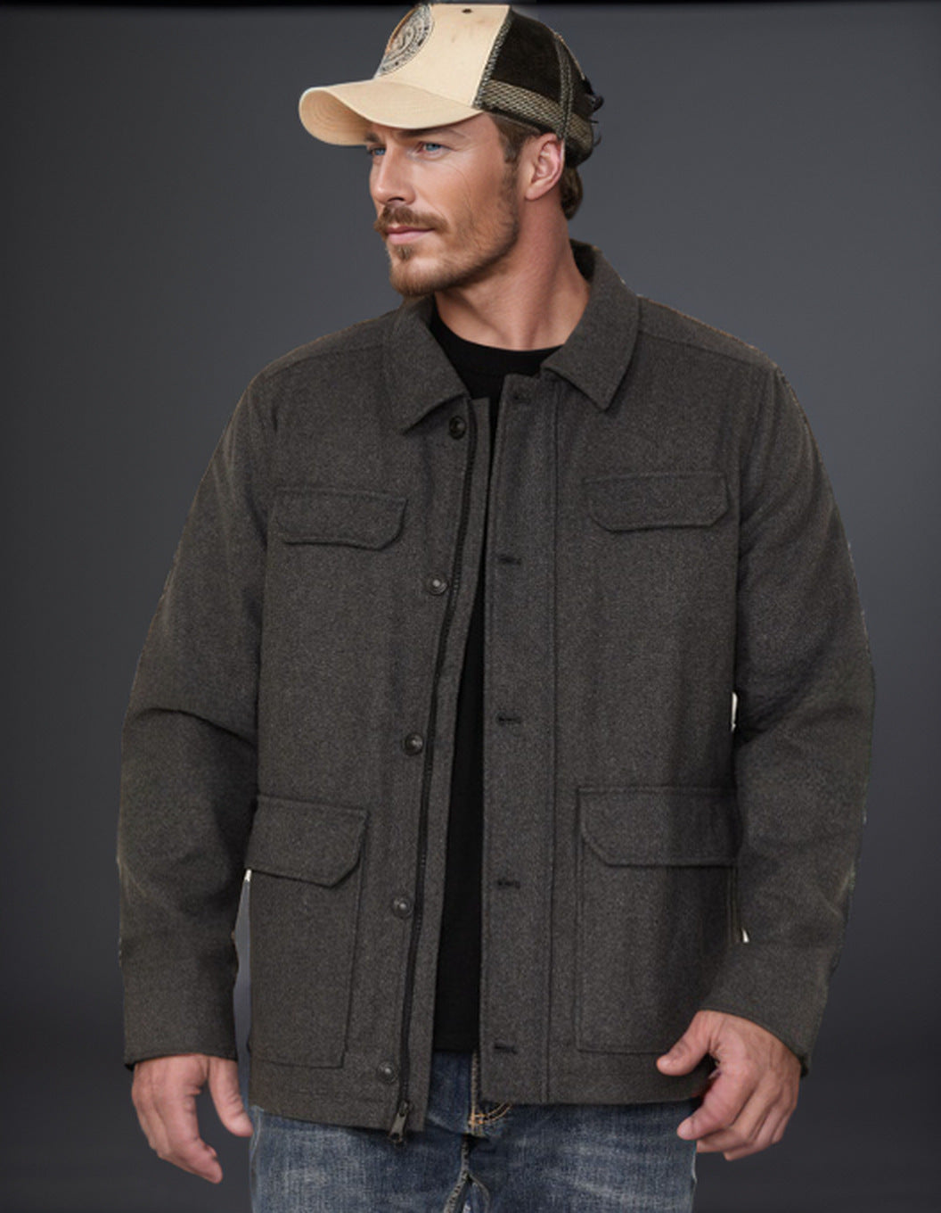 Herren Woll-Fieldjacke mit vier Pattentaschen und Hemdkragen Nord Taschen