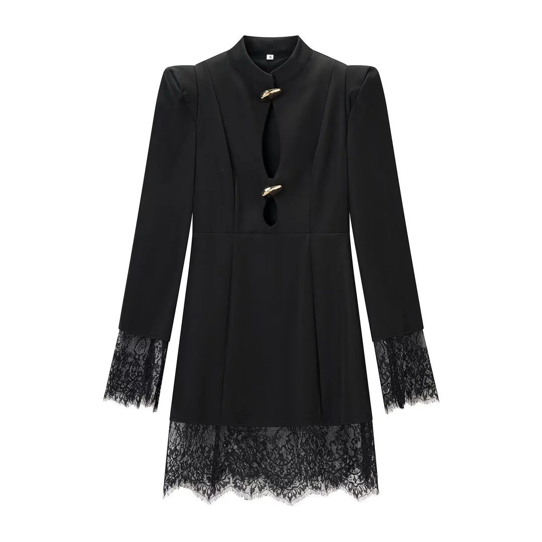 Damen Midikleid mit Stehkragen, Cut-Out‑Front, goldenen Zierverschlüssen und Spitzenbesatz Nord Taschen