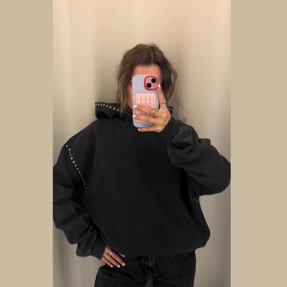 Damen Oversized Kapuzenpullover mit Nietenbesatz und Ballonärmeln Nord Taschen