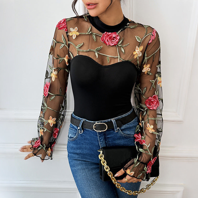 Damen Transparenter Mesh-Body mit floraler Stickerei, Stehkragen und Bustier-Optik Nord Taschen