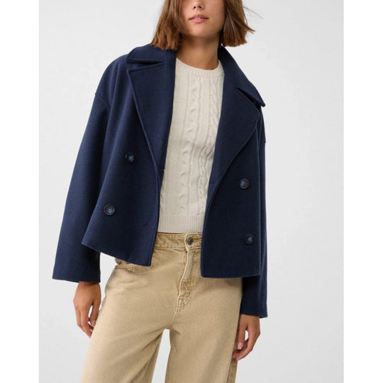 Damen Kurzer Zweireihiger Wollmix-Peacoat mit übergroßem Revers Nord Taschen