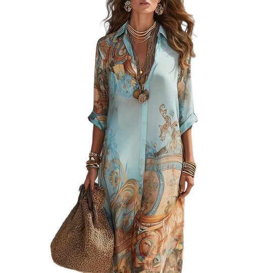 Damen Hemdblusenkleid Maxikleid in fließender Seidenoptik mit kunstvollem Allover-Print und 3/4-Ärmeln Nord Taschen