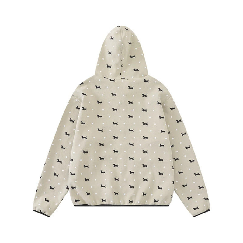 Damen Leichte Kapuzen-Zipjacke mit Hundesilhouette und Tupfen-Allover Nord Taschen