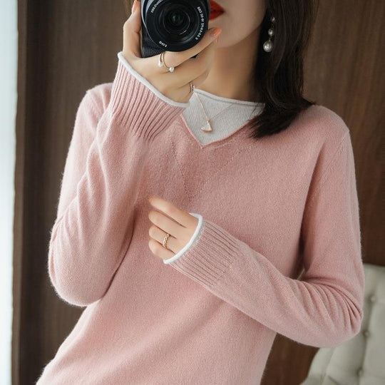 Damen Weicher V‑Ausschnitt-Pullover aus Kaschmir‑Look mit kontrastierter Kantenverzierung Nord Taschen