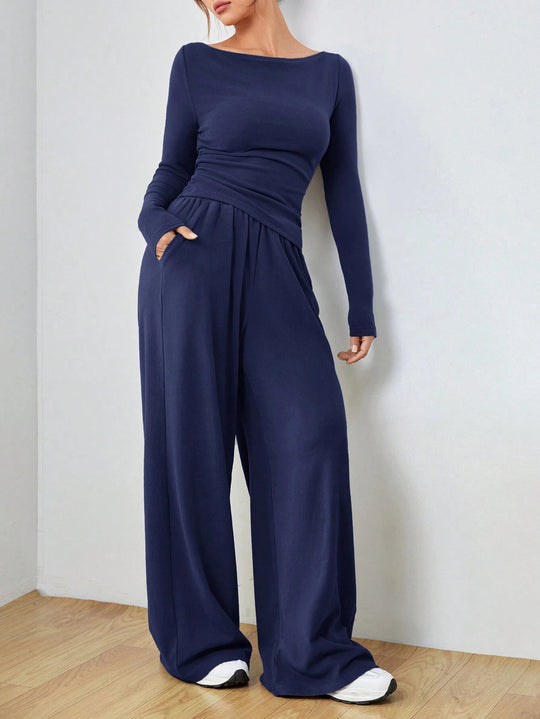 Damen Loungewear-Set aus weichfallendem Jersey mit U-Boot-Ausschnitt, tailliertem Longsleeve und weiter Palazzo-Hose Nord Taschen
