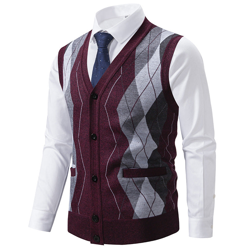 Herren Ärmellose Strickweste mit Rauten‑Muster, V‑Ausschnitt und Knopfleiste Nord Taschen