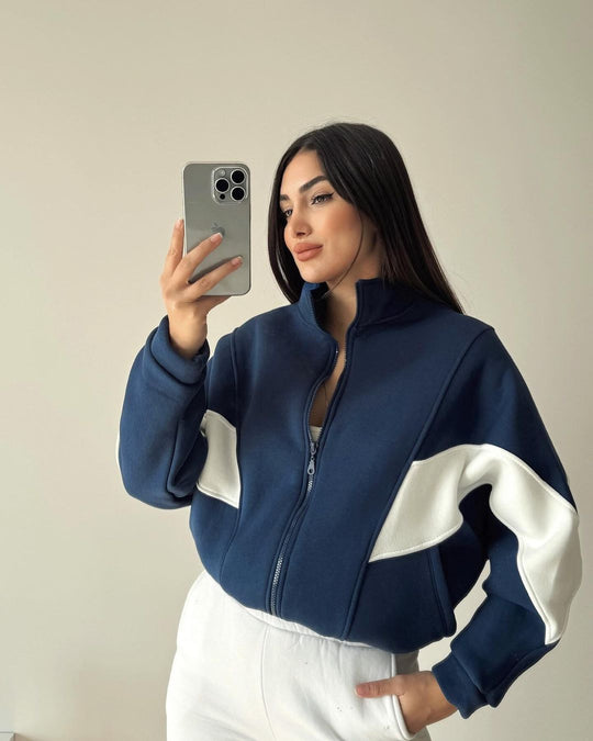 Damen Kurz geschnittener Stehkragen-Reißverschluss-Hoodie im Colorblock-Sportstyle Nord Taschen