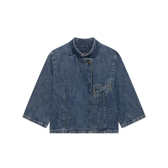 Damen Cropped Denim Cape‑Jacke mit Stehkragen, kastiger Silhouette und 3/4‑Ärmeln Nord Taschen