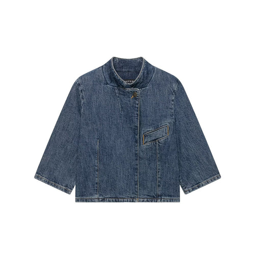 Damen Cropped Denim Cape‑Jacke mit Stehkragen, kastiger Silhouette und 3/4‑Ärmeln Nord Taschen
