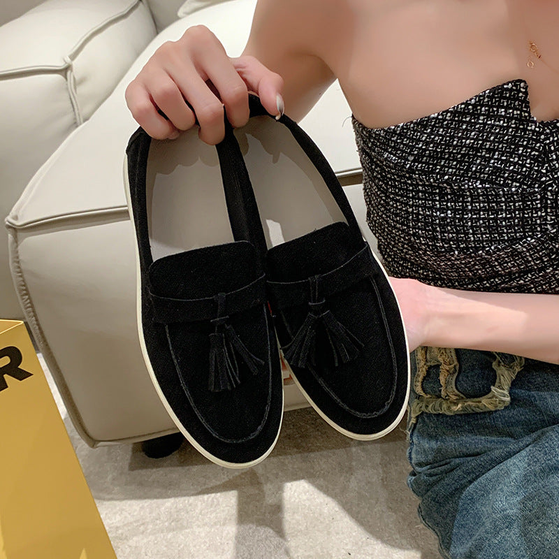 Damen Slipper mit Quasten aus Veloursleder und rutschfester Gummisohle Nord Taschen