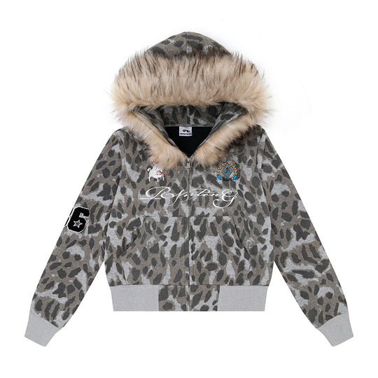 Damen Kapuzen-Sweatjacke mit Kunstfellbesatz, Leo-Allover und Reißverschluss Nord Taschen