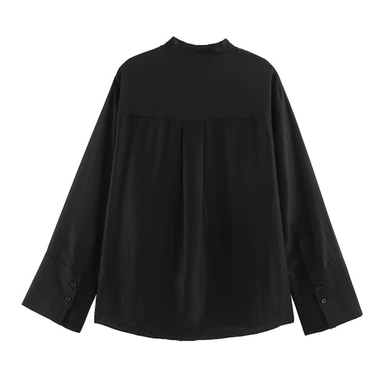 Damen Oversize-Seidenoptik-Hemdbluse mit Stehkragen und bestickter Brusttasche Nord Taschen