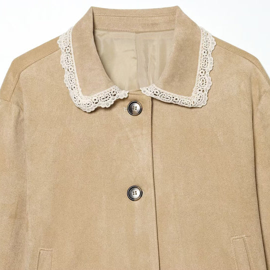 Damen Kurzjacke in Wildlederoptik mit gehäkeltem Kragen und Spitzenbesatz Nord Taschen