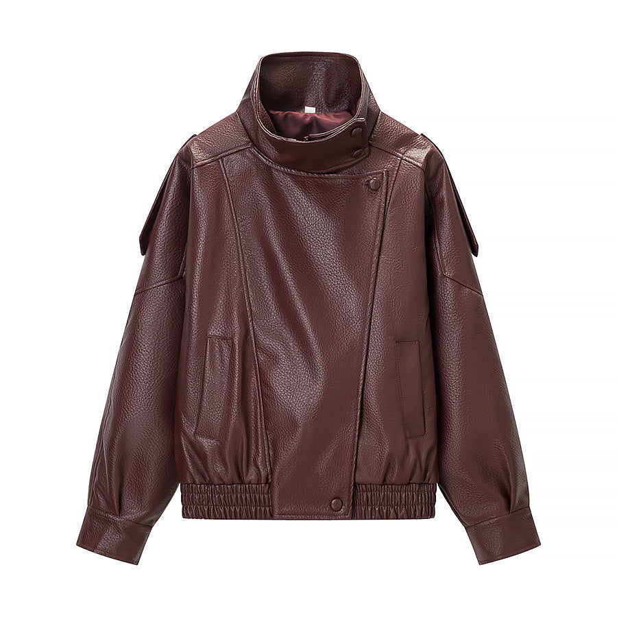 Damen Oversized Kunstlederjacke mit hohem Stehkragen, asymmetrischer Knopfleiste und elastischem Saum Nord Taschen