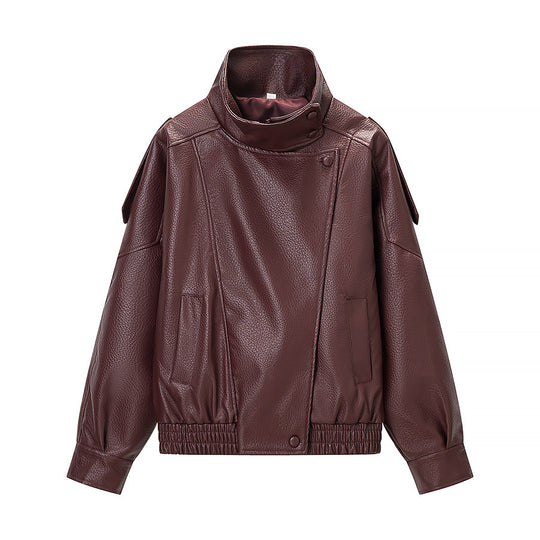 Damen Oversized Kunstlederjacke mit hohem Stehkragen, asymmetrischer Knopfleiste und elastischem Saum Nord Taschen