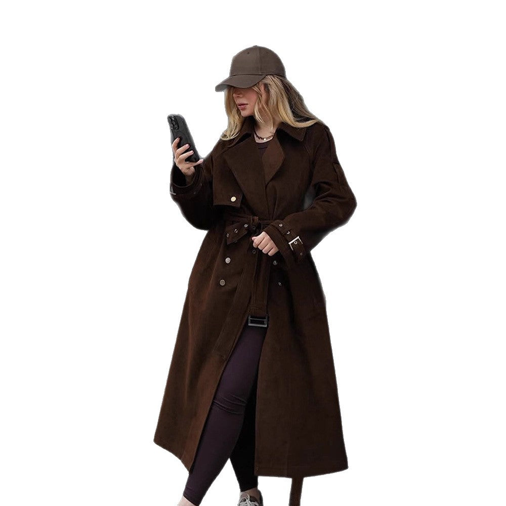 Damen Maxilanger Trenchcoat aus Veloursoptik mit doppelreihiger Knopfleiste und oversized Schnitt Nord Taschen