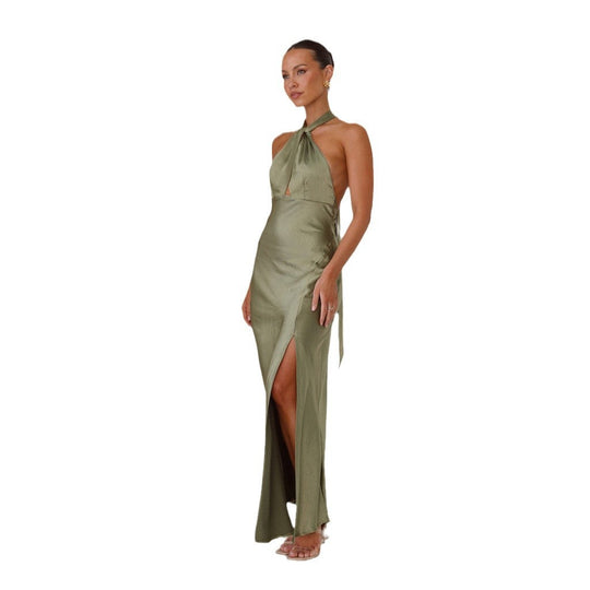 Damen Elegantes Wickelmaxikleid im Halterneck-Stil mit seitlichem Schlitz und Taillengürtel - Vittorelli