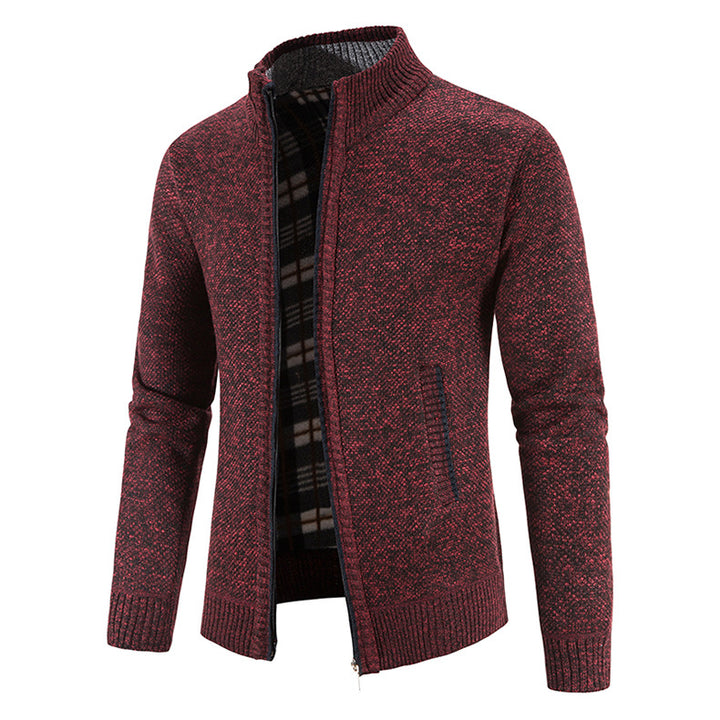Herren Strickjacke mit durchgehendem Reißverschluss, Stehkragen und kariertem Futter Nord Taschen