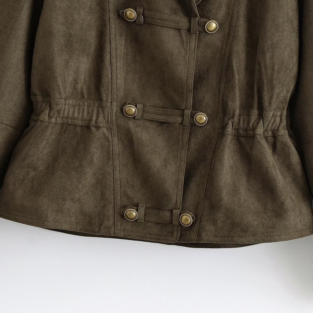 Damen Cropped Wildlederoptik-Jacke mit Schalkragen, Taillenraffung und dekorativen Knebelknöpfen Nord Taschen