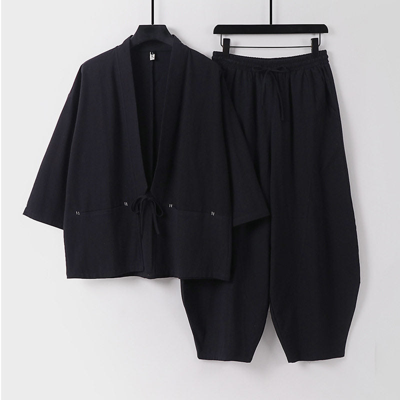 Unisex Modernes Kimono-Lounge-Set aus weichem Baumwollmix mit Kurzjacke, Tunnelzug-Hose und gerafften Knöcheln Nord Taschen