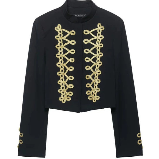 Damen Taillierter Cropped Militärblazer mit Stehkragen und goldverzierten Epauletten Nord Taschen