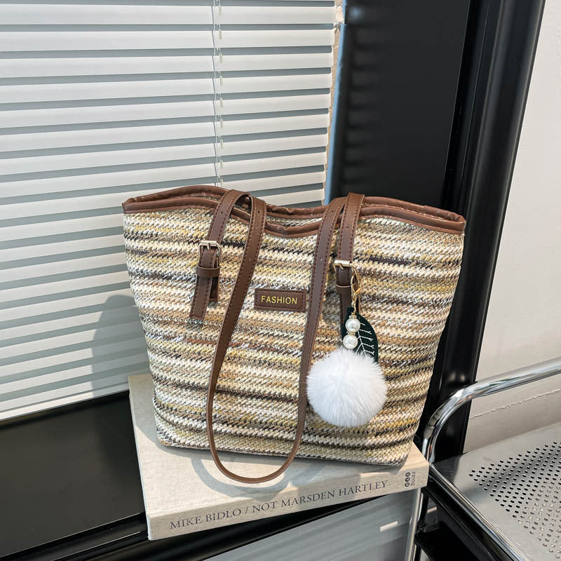 Damen Strandtasche mit bunten Streifen und Pompon Nord Taschen