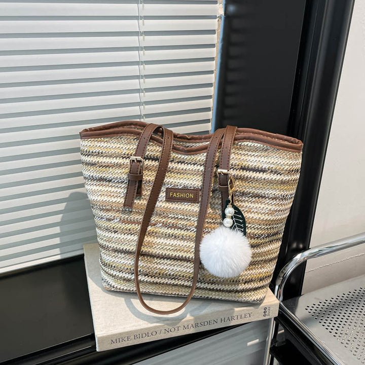 Damen Strandtasche mit bunten Streifen und Pompon Nord Taschen