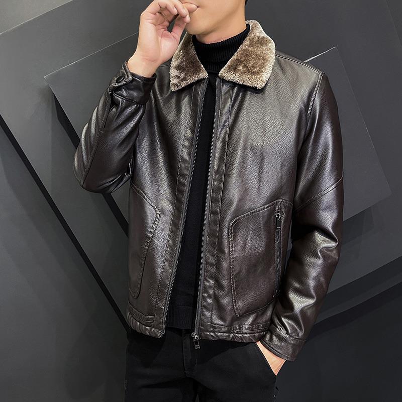 Herren Elegante Kunstleder‑Bomberjacke mit wärmendem Teddykragen & Zwei-Wege‑Reißverschluss Nord Taschen
