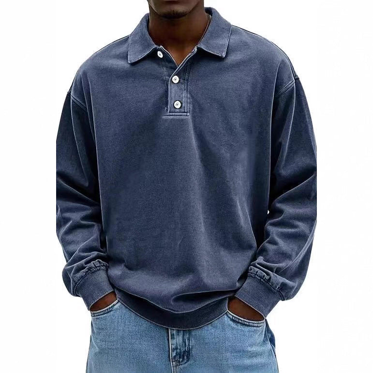 Herren nan lässiges Poloshirt-Sweatshirt mit Kragen, Vintage-Waschung und dreiteiliger Knopfleiste