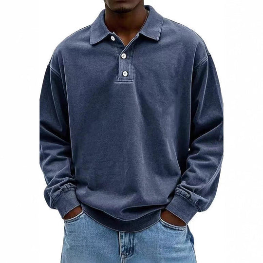 Herren nan lässiges Poloshirt-Sweatshirt mit Kragen, Vintage-Waschung und dreiteiliger Knopfleiste