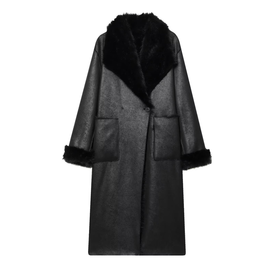 Damen Langer Mantel mit Kunstfellfutter und voluminösem Schalkragen Nord Taschen